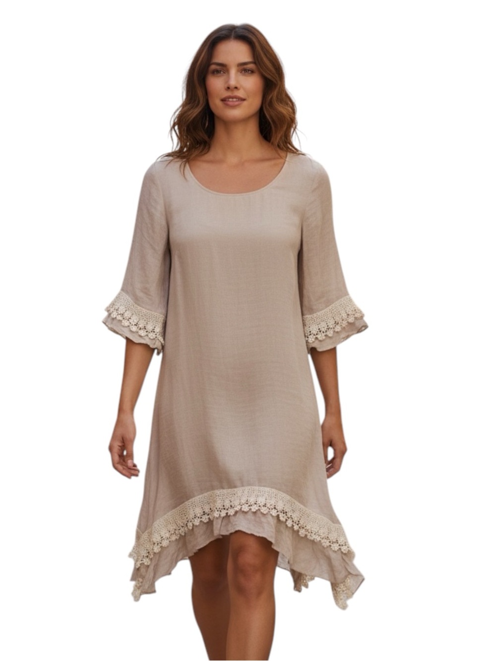 Adorn Boho Tunic Dress Size L - Taupe Beige Crochet Lace Trim High Low Hem